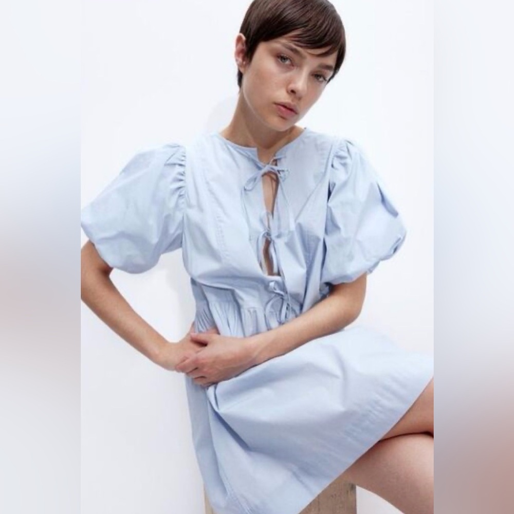 H&M Light Blue Puff-Sleeve Tie-Front Dress